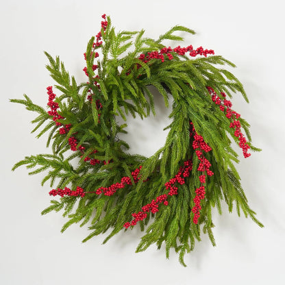 Yulemere Real Touch Norfolk Pine and Red Ilex Berry Christmas Wreath detail view 2