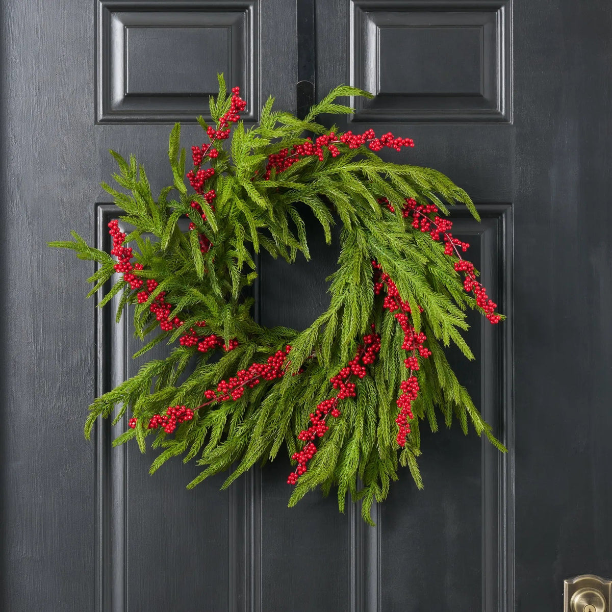 Yulemere Real Touch Norfolk Pine and Red Ilex Berry Christmas Wreath detail view 3
