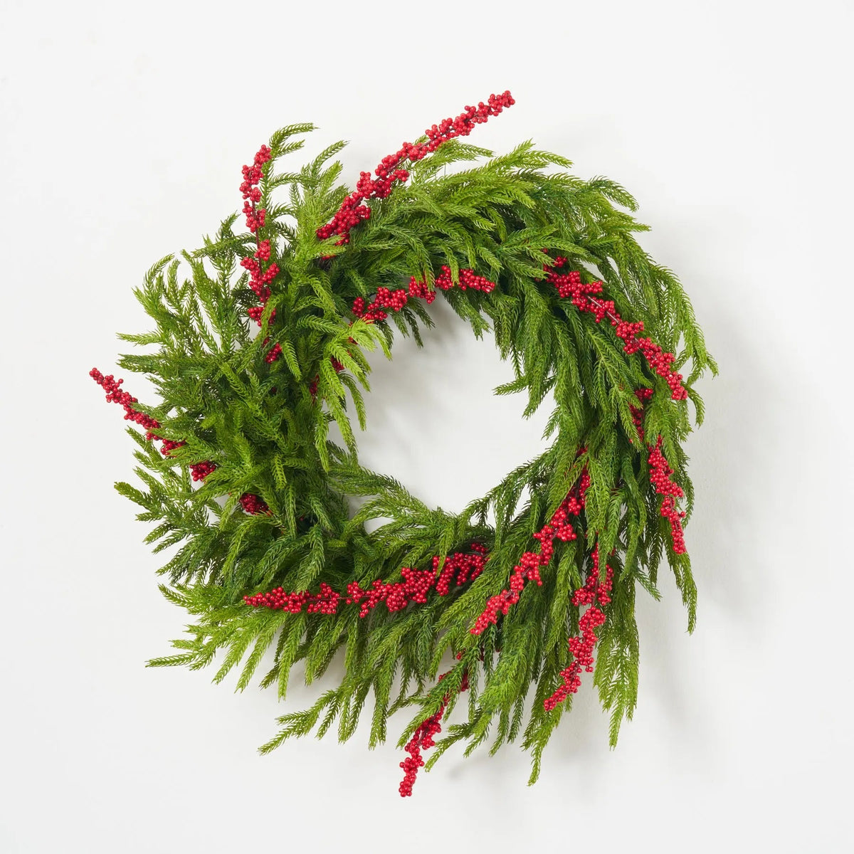 Yulemere Real Touch Norfolk Pine and Red Ilex Berry Christmas Wreath overall view