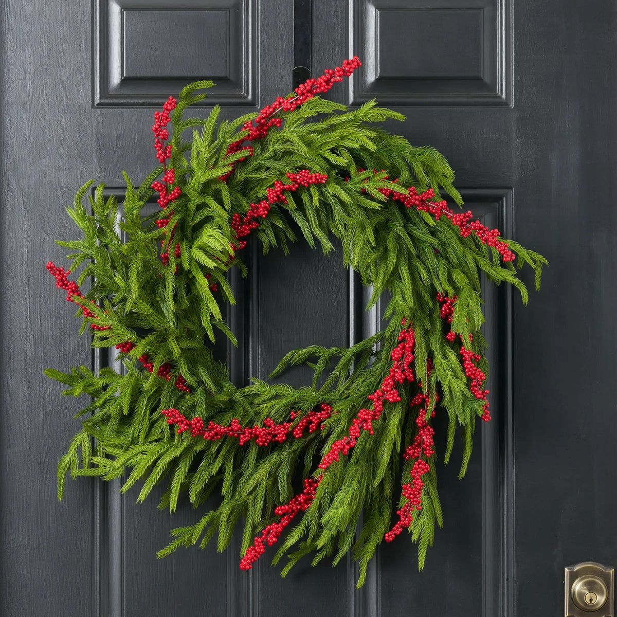 Yulemere Real Touch Norfolk Pine and Red Ilex Berry Christmas Wreath detail view 4