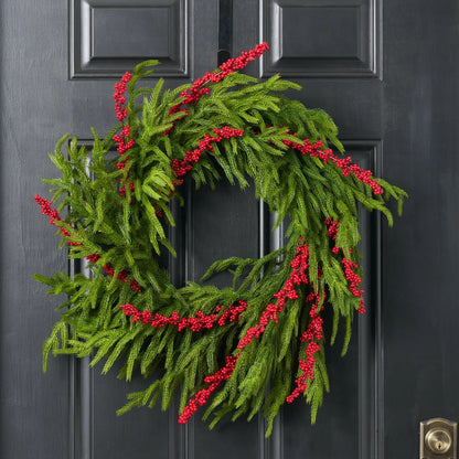 Yulemere Real Touch Norfolk Pine and Red Ilex Berry Christmas Wreath detail view 4