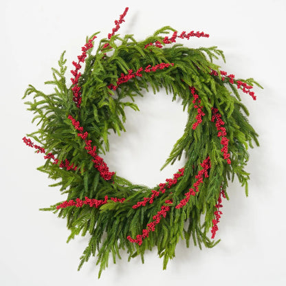 Yulemere Real Touch Norfolk Pine and Red Ilex Berry Christmas Wreath detail view 6