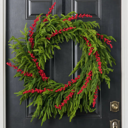 Yulemere Real Touch Norfolk Pine and Red Ilex Berry Christmas Wreath detail view 7