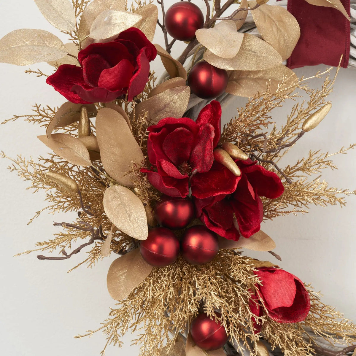 Yulemere Real Touch Wine Magnolia and Gold Cedar Christmas Wreath overall view