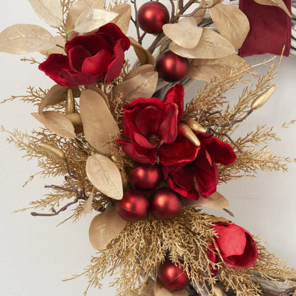 Yulemere Real Touch Wine Magnolia and Gold Cedar Christmas Wreath overall view