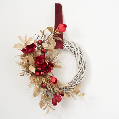 Yulemere Real Touch Wine Magnolia and Gold Cedar Christmas Wreath detail view 3
