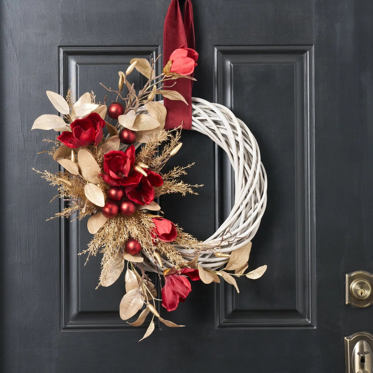 Yulemere Real Touch Wine Magnolia and Gold Cedar Christmas Wreath detail view 2