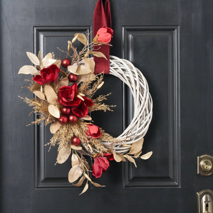 Yulemere Real Touch Wine Magnolia and Gold Cedar Christmas Wreath detail view 2