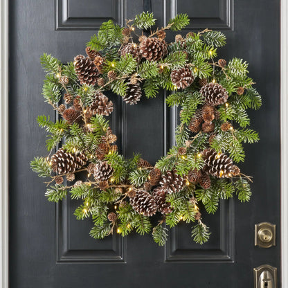 Yulemere Snowy Norway Spruce and Pinecone Winter Christmas Wreath detail view 2