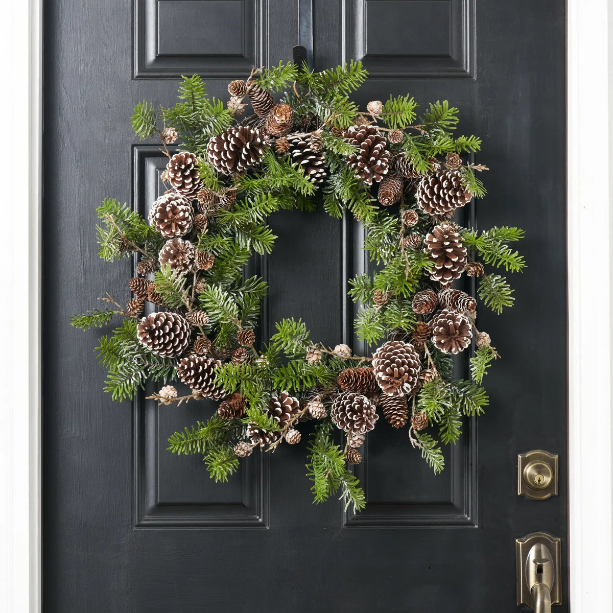 Yulemere Snowy Norway Spruce and Pinecone Winter Christmas Wreath detail view 3