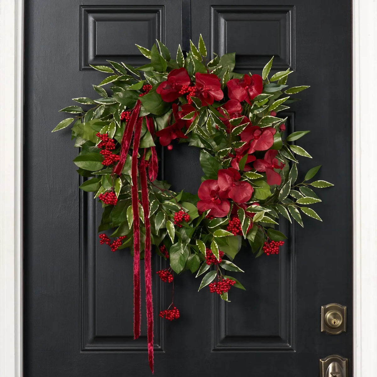 Yulemere Burgundy Phalaenopsis Red Cluster Christmas Wreath overall view