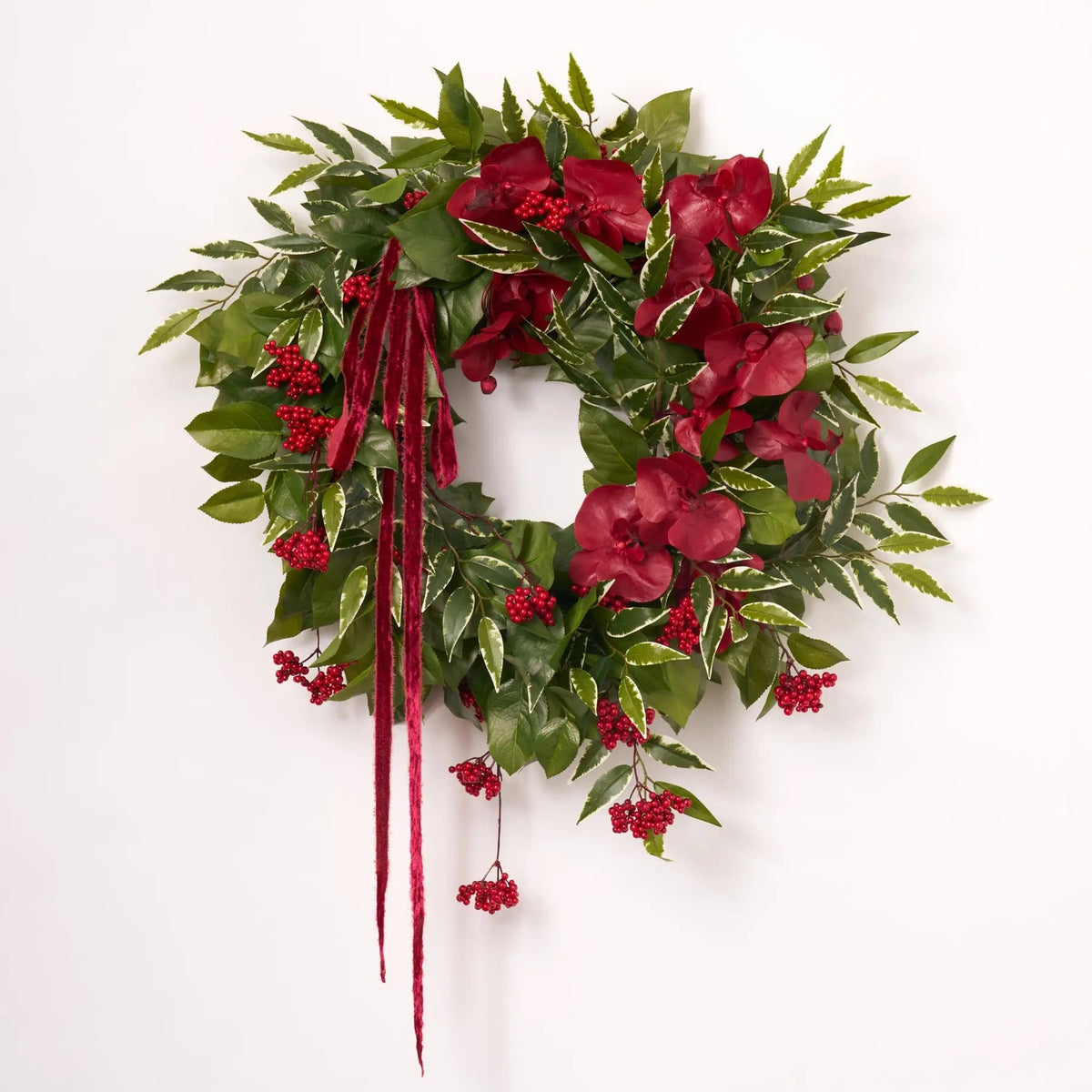 Yulemere Burgundy Phalaenopsis Red Cluster Christmas Wreath detail view 2