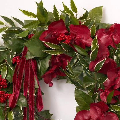 Yulemere Burgundy Phalaenopsis Red Cluster Christmas Wreath detail view 3