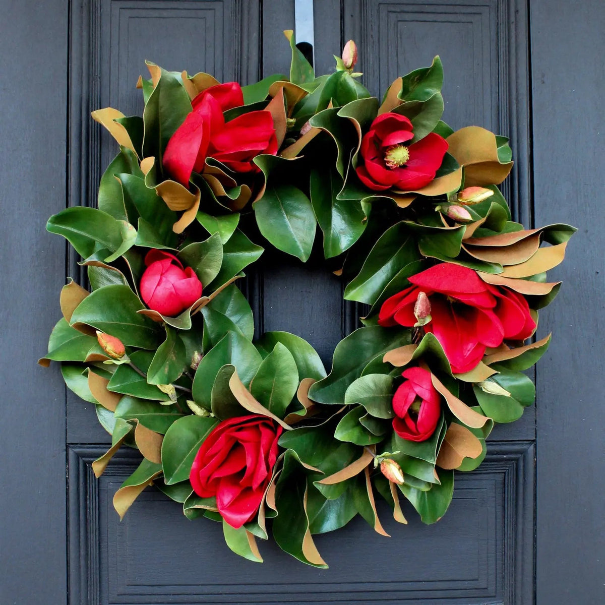 Yulemere Real Touch Christmas Red Magnolia Leaf Wreath detail view 2