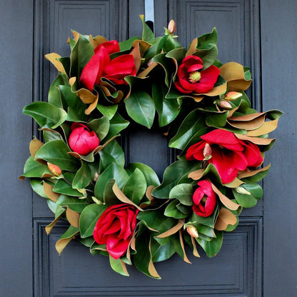 Yulemere Real Touch Christmas Red Magnolia Leaf Wreath detail view 2