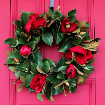 Yulemere Real Touch Christmas Red Magnolia Leaf Wreath detail view 4