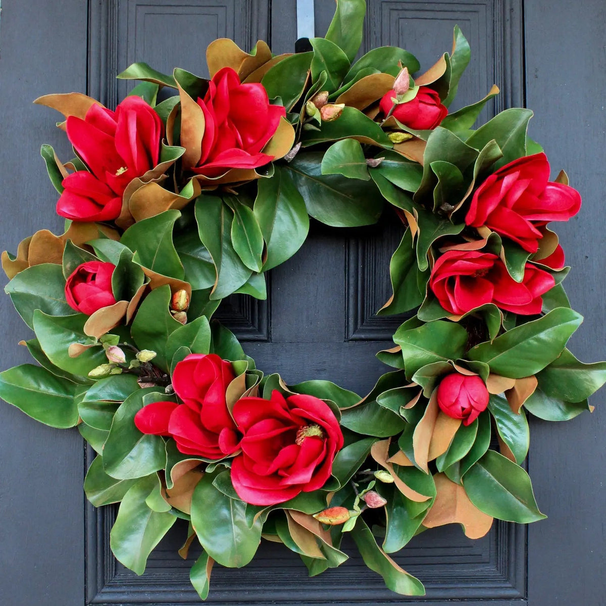 Yulemere Real Touch Christmas Red Magnolia Leaf Wreath detail view 3