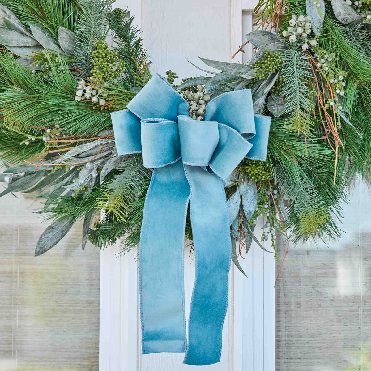 Yulemere Soft Blue Taffeta Wire Lined Hand Tied Drape Loop Bow overall view