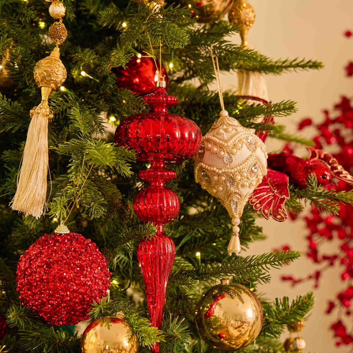 Yulemere Distressed Red Large Shatterproof Finial Christmas Ornament detail view 2