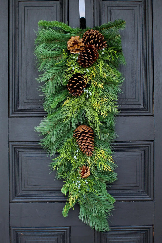Yulemere Classic Greens and Pinecone Christmas Winter Teardrop Swag overall view