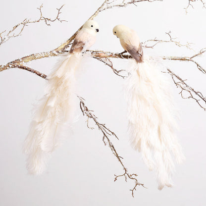 Yulemere Cream Real Ostrich Feather Clip On Bird Ornament Set of 2 detail view 2