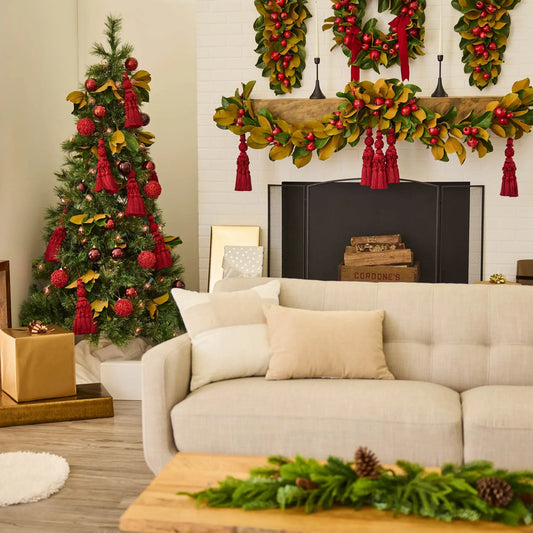 Yulemere Real Touch Magnolia Leaf and Red Pomegranate Christmas Swag overall view