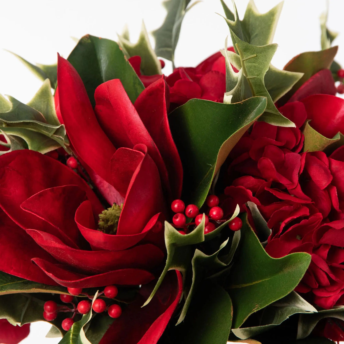 Yulemere Real Touch Red Magnolia and Hydrangea with Wild Holiday Stem overall view