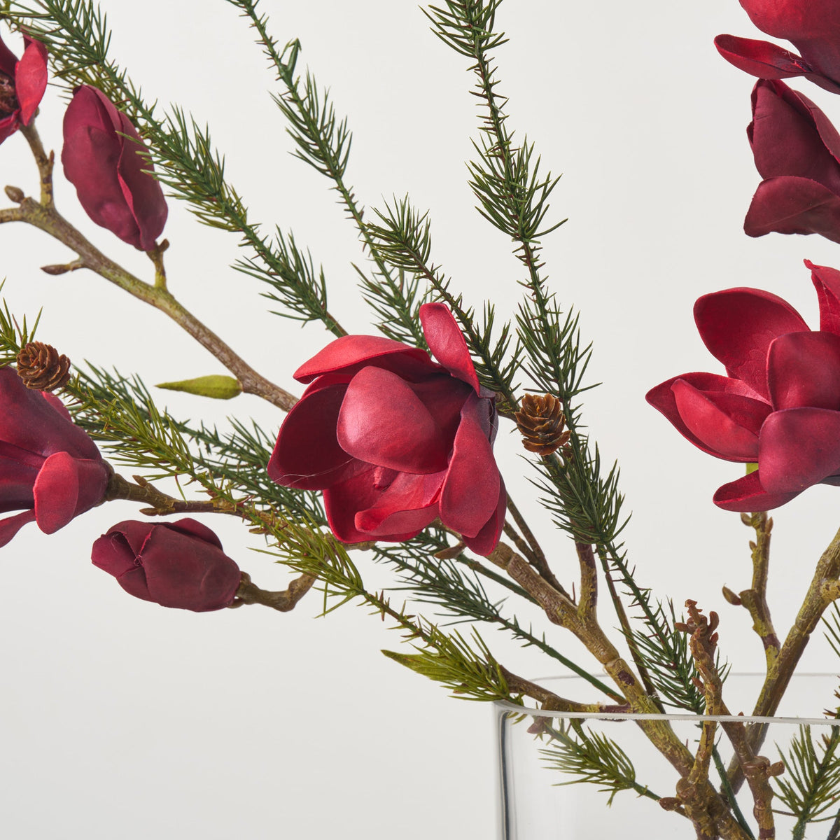 Yulemere Real Touch Burgundy Red Magnolia Branch with Wispy Pine detail view 2