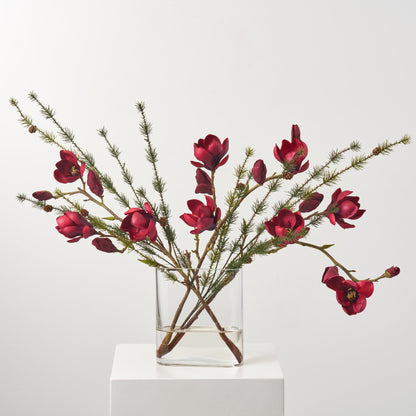 Yulemere Real Touch Burgundy Red Magnolia Branch with Wispy Pine overall view