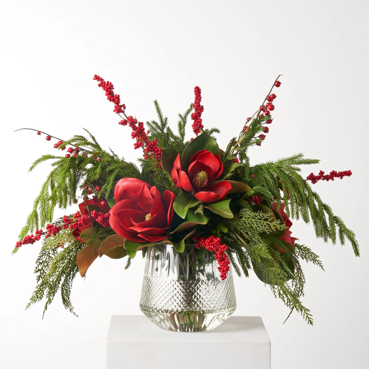 Yulemere Real Touch Red Magnolia Norfolk Holiday Centerpiece detail view 4