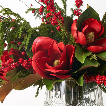 Yulemere Real Touch Red Magnolia Norfolk Holiday Centerpiece overall view
