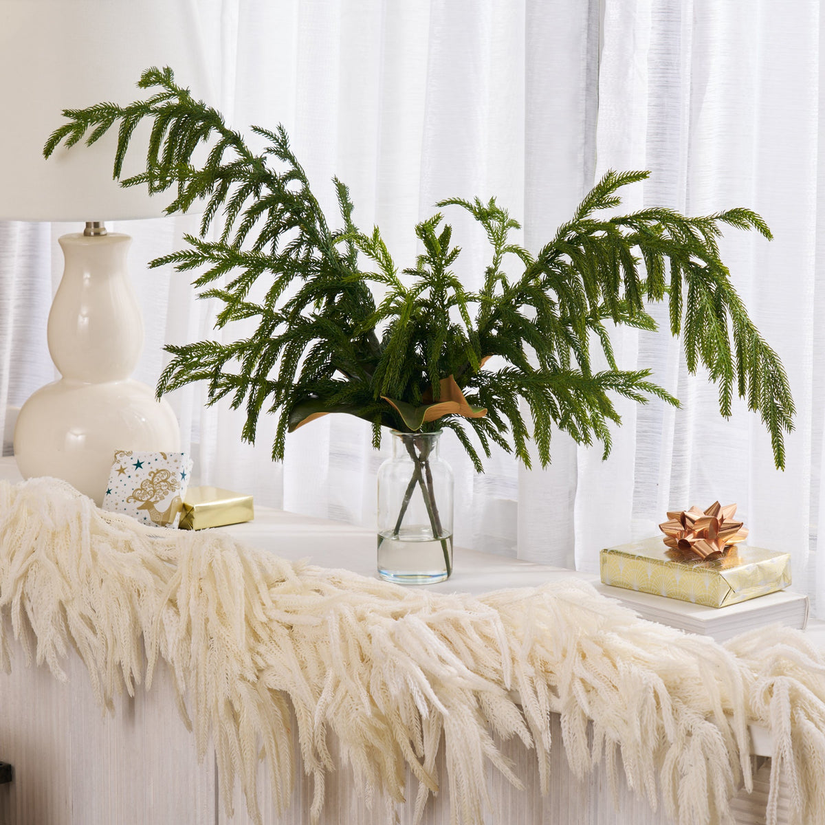 Yulemere Real Touch Norfolk Pine and Magnolia Leaf Holiday Arrangement overall view