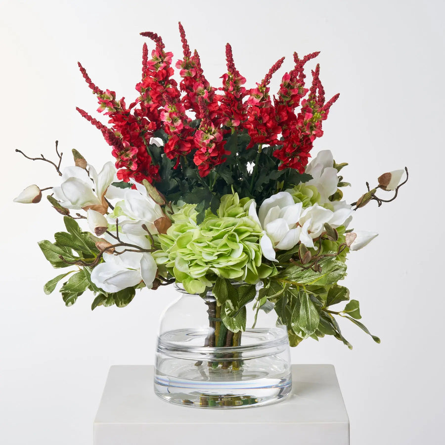 Yulemere Red Delphinium Green Holiday Centerpiece overall view