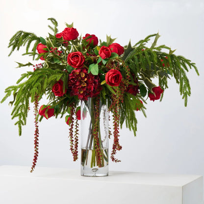 Yulemere Radiant Ruby Noel Red Christmas Rose Holiday Centerpiece overall view