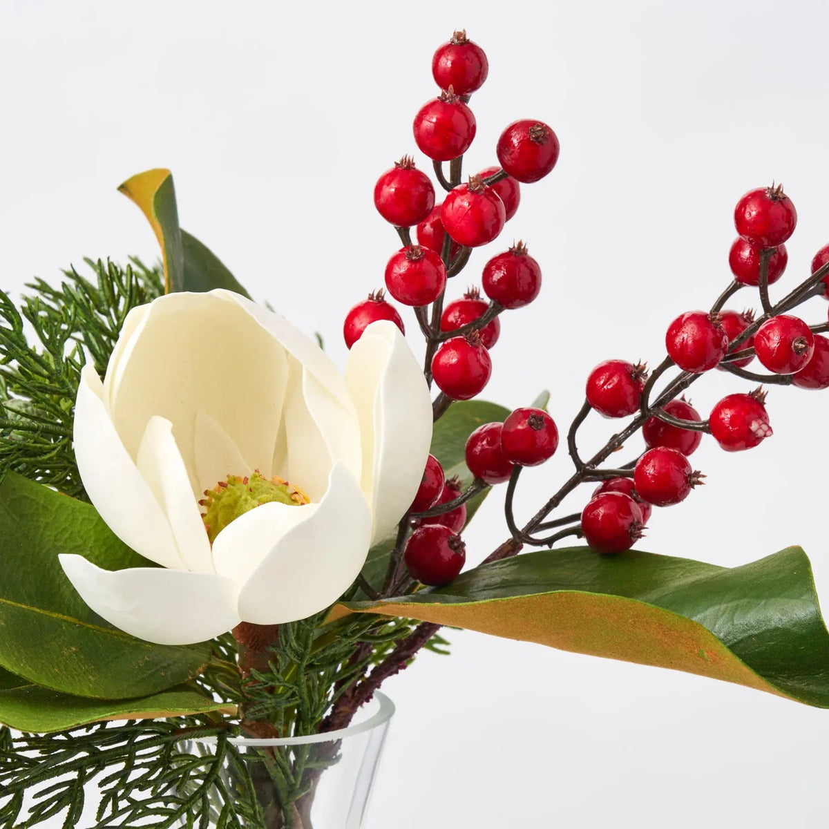 Yulemere Real Touch White Magnolia Bloom and Cedar Greenery Decor detail view 2