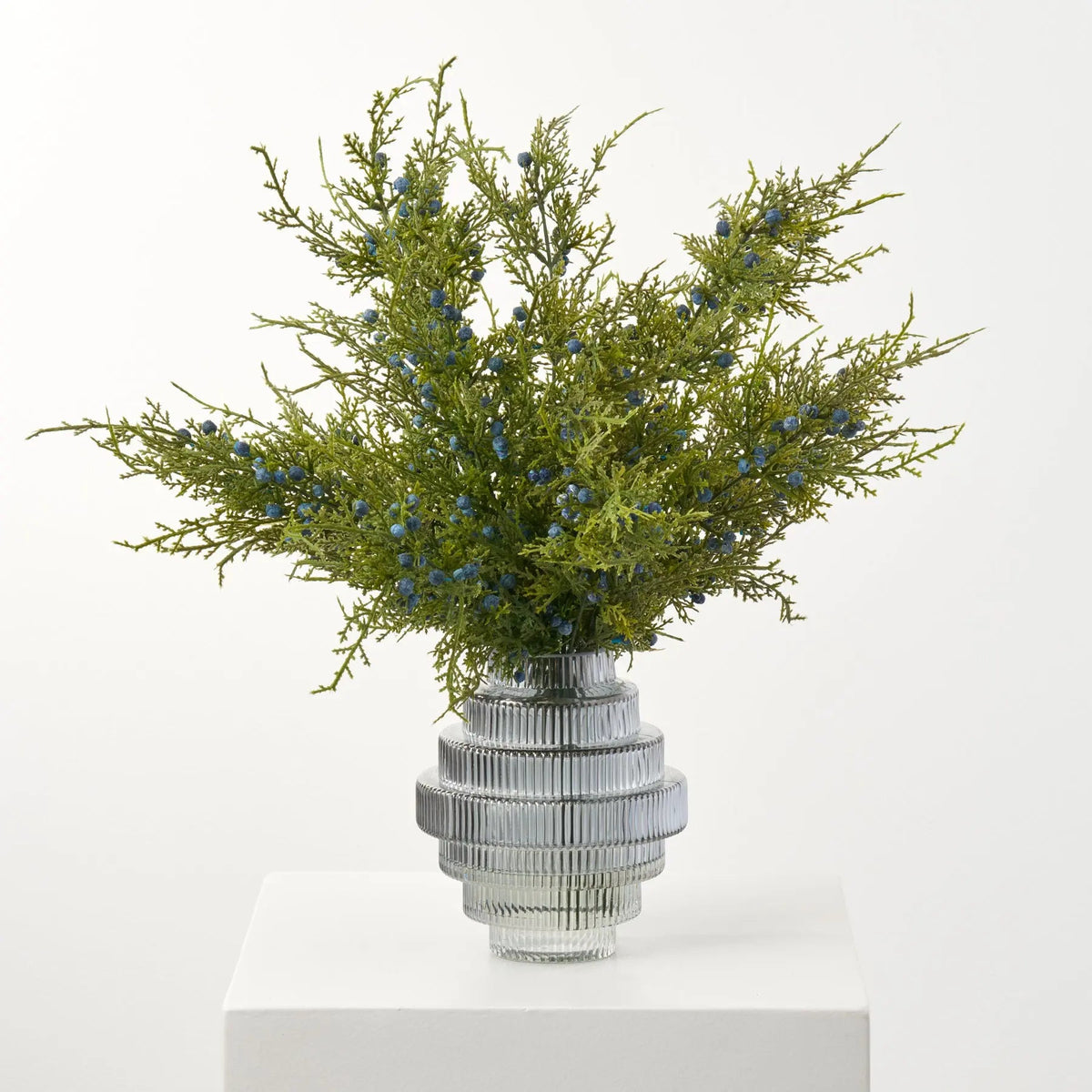 Yulemere Blue Juniper Berry Branches in Smoke Chandelier Vase overall view