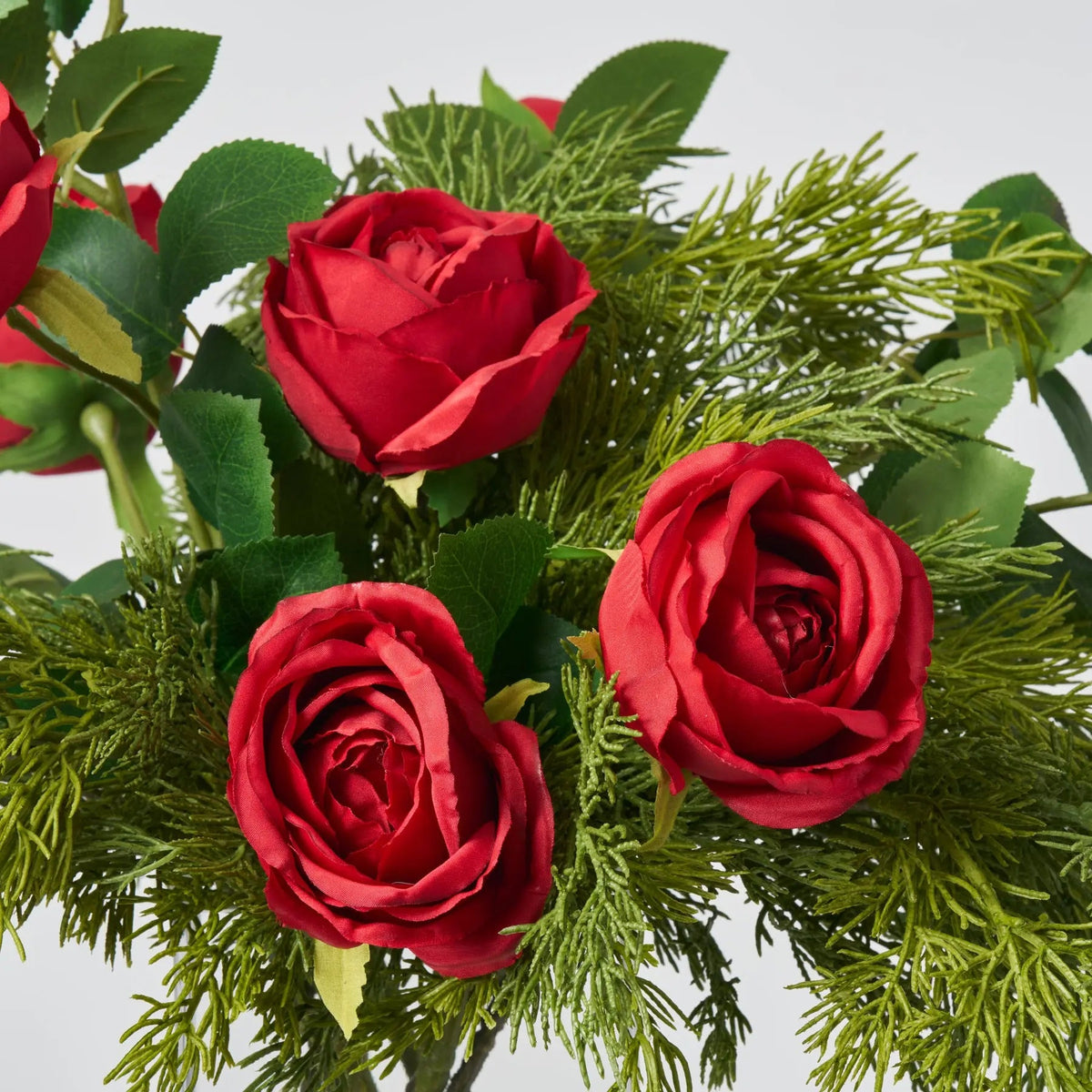 Yulemere Red Rose Blooms and Buds Holiday Centerpiece detail view 3