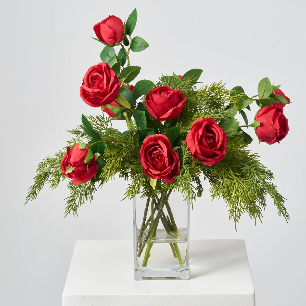 Yulemere Red Rose Blooms and Buds Holiday Centerpiece detail view 2