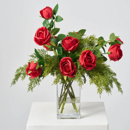 Yulemere Red Rose Blooms and Buds Holiday Centerpiece detail view 2