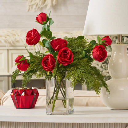 Yulemere Red Rose Blooms and Buds Holiday Centerpiece overall view