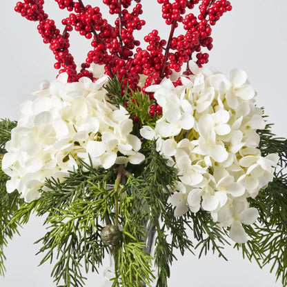 Yulemere White Hydrangea Red Ilex Berry Holiday Centerpiece detail view 3