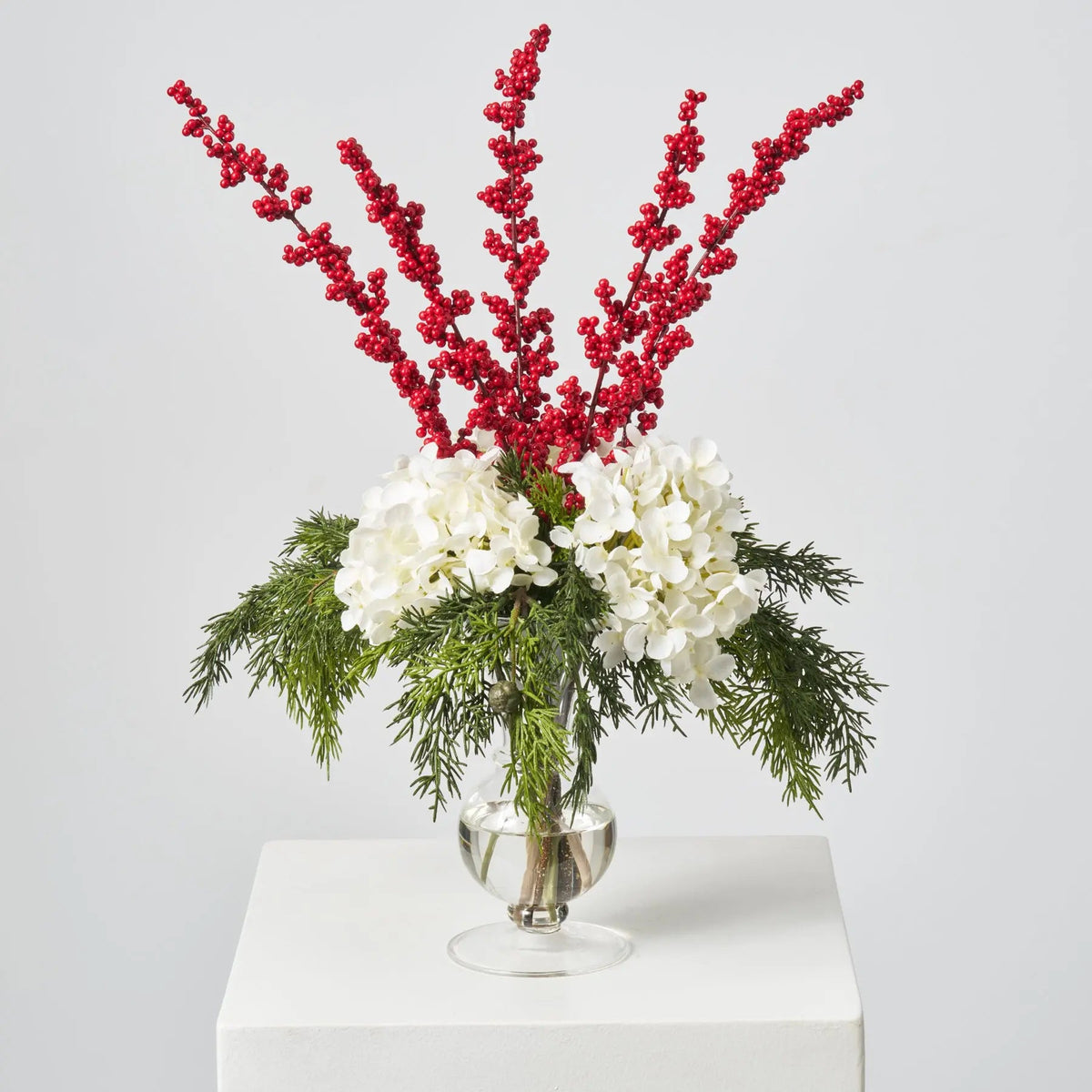 Yulemere White Hydrangea Red Ilex Berry Holiday Centerpiece detail view 2