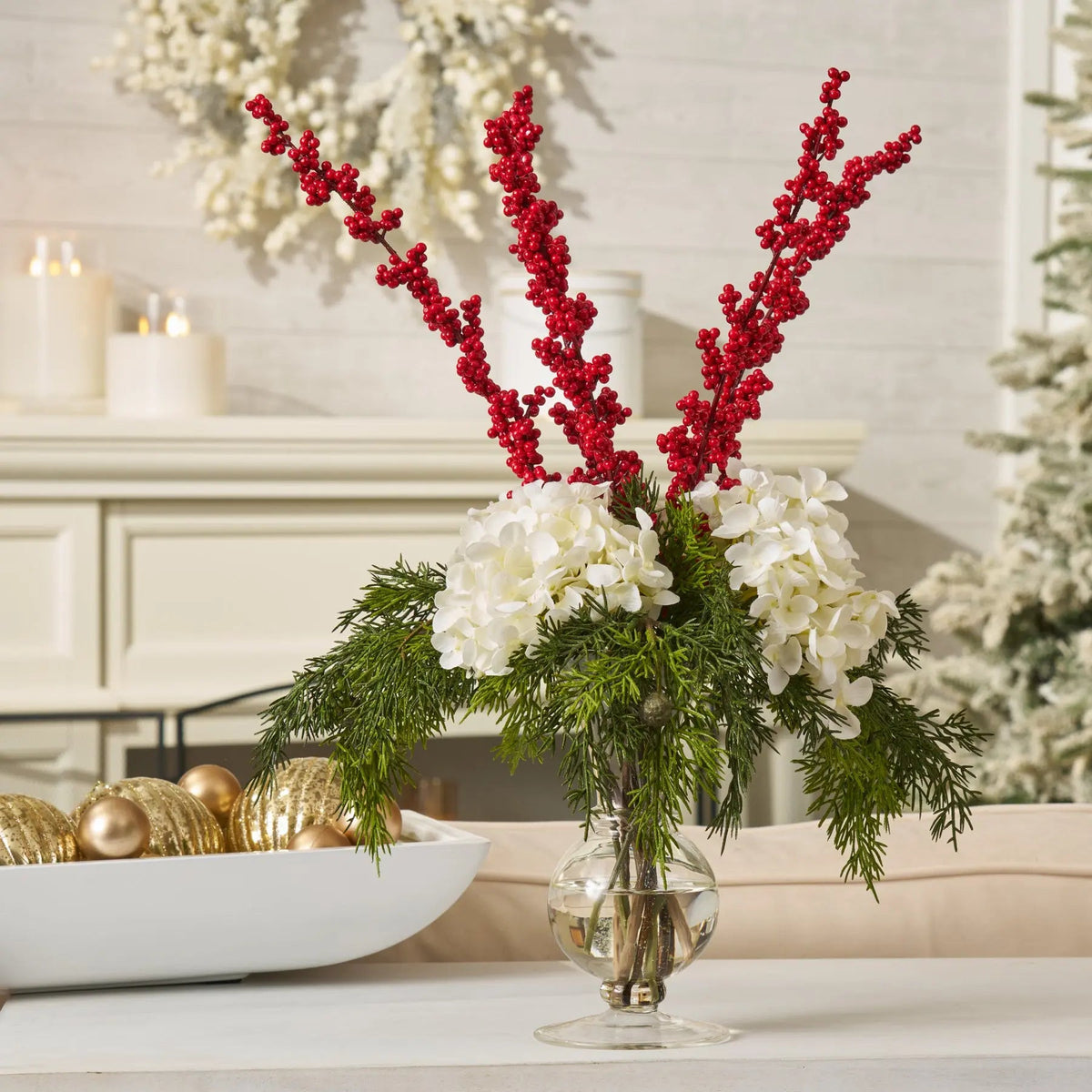 Yulemere White Hydrangea Red Ilex Berry Holiday Centerpiece overall view