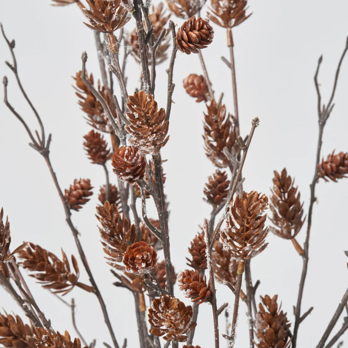 Yulemere Lifelike Snow Dusted Pinecone Branch in Smoke Glass detail view 2