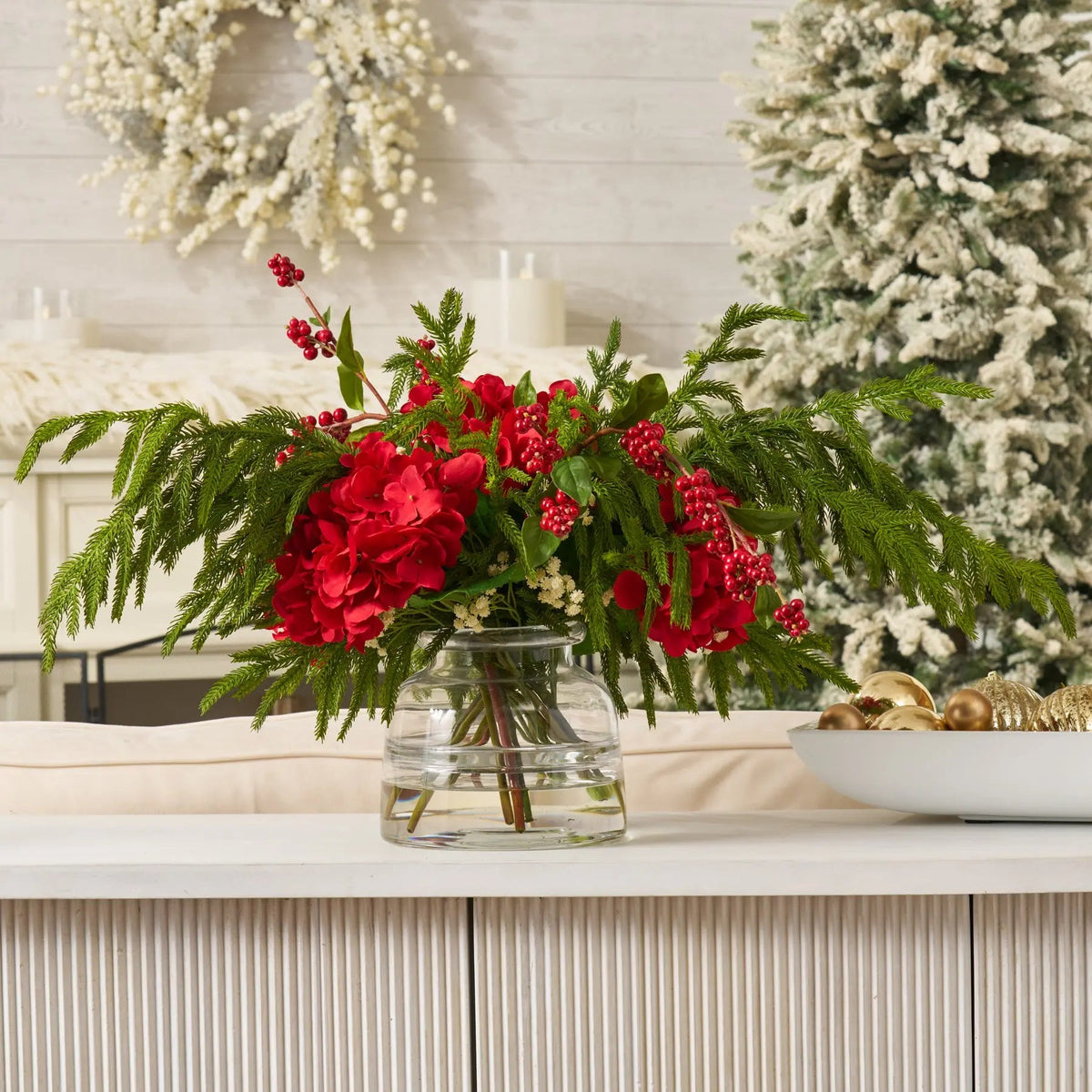Yulemere Lifelike Red Hydrangea Real Touch Holiday Centerpiece overall view