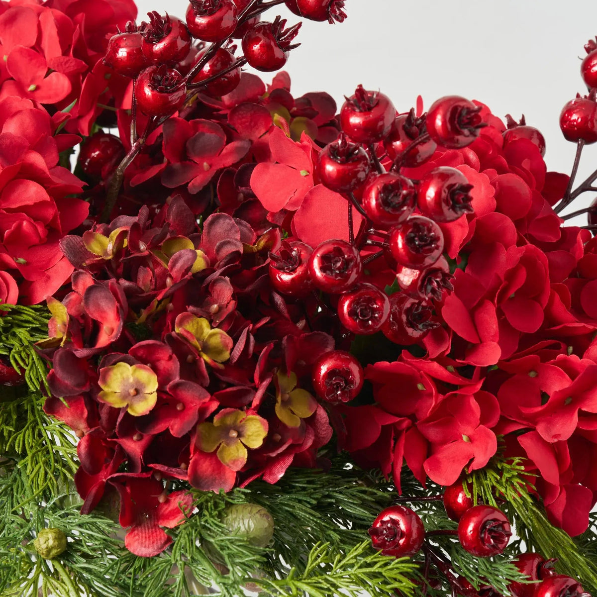 Yulemere Mixed Red and Burgundy Hydrangea Holiday Centerpiece detail view 2