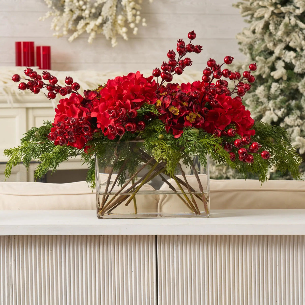 Yulemere Mixed Red and Burgundy Hydrangea Holiday Centerpiece overall view