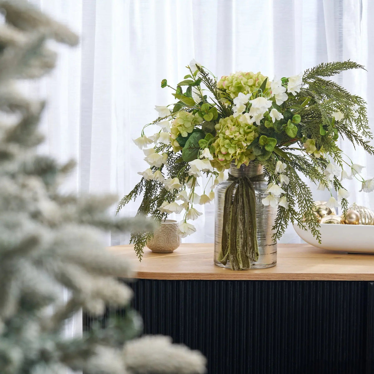 Yulemere Green Hydrangea White Bellflower Holiday Centerpiece overall view