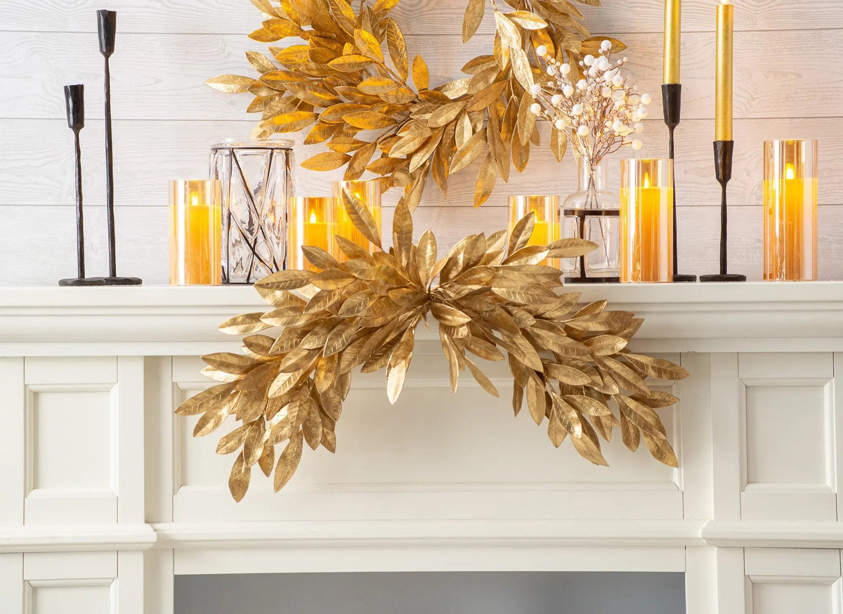 Yulemere Antiqued Gold Bay Leaf Christmas Mantel Swag overall view