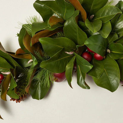 Yulemere Real Touch Magnolia Leaf Scotch Pine and Faux Red Christmas Swag detail view 2